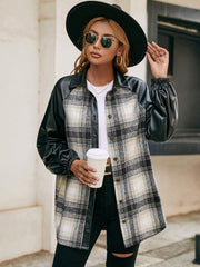 Plaid & faux leather raglan shacket with buttoned front and elastic cuffs.