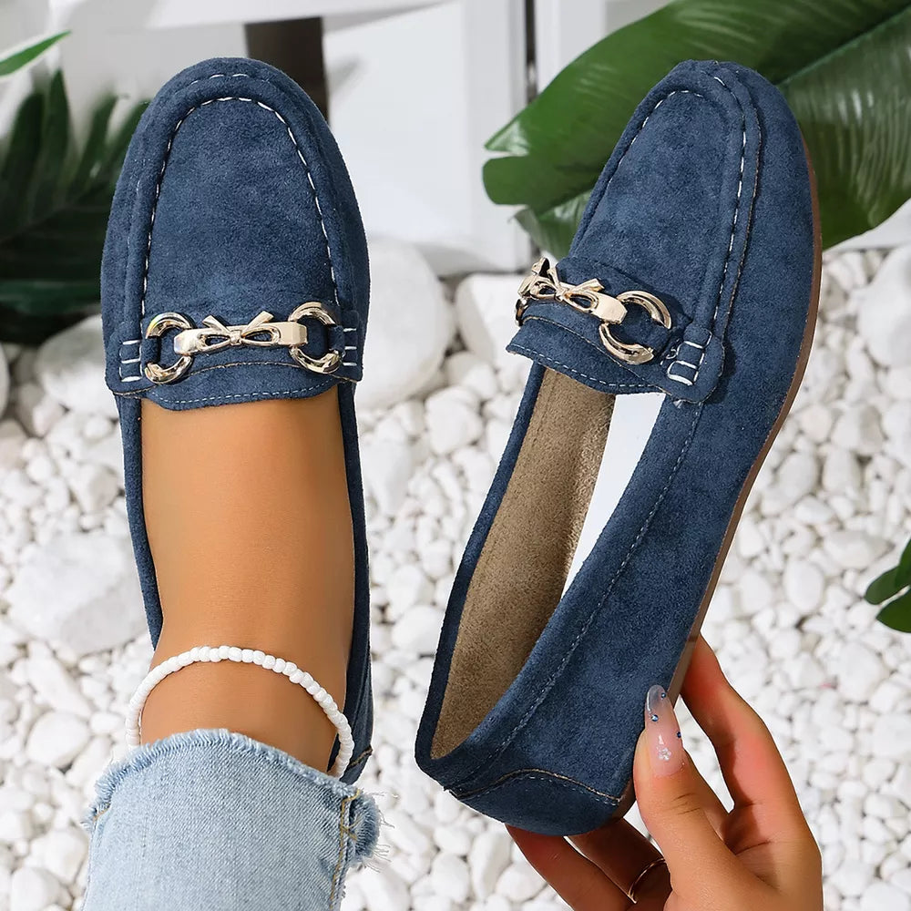 Comfortable Flat Loafers With Buckle in Dark Blue, model styling view