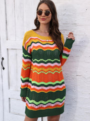 Chevron stripe knit mini dress with crew neck and long sleeves in multicolor acrylic.