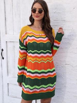 Chevron stripe knit mini dress with crew neck and long sleeves in multicolor acrylic.