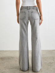 Light gray cotton low rise flare leg jeans with pockets