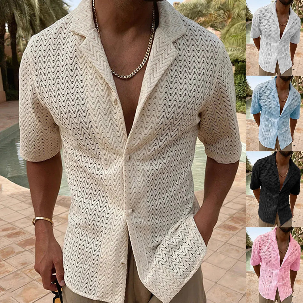 Open-knit herringbone resort shirt in ivory with short sleeves and a button-up collar.