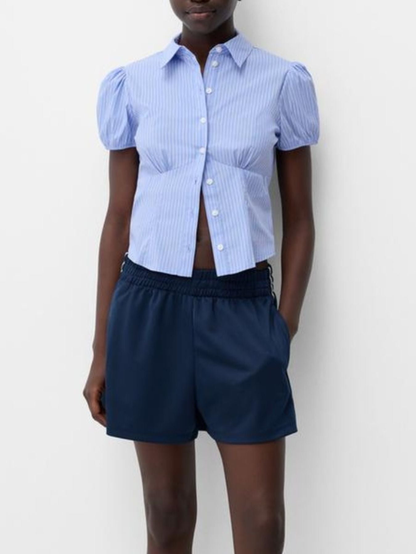 Light blue striped maternity shirt with puff sleeves and gathered waist