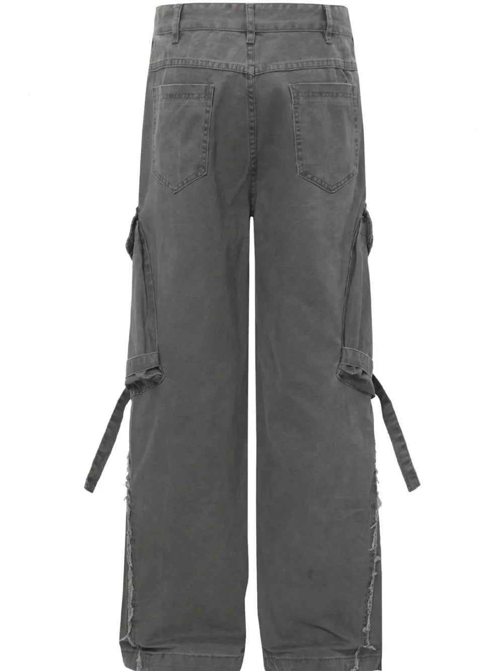 Grey cargo pants with buckle detail, pockets, and distressed hem.