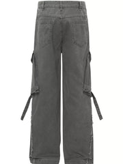 Grey cargo pants with buckle detail, pockets, and distressed hem.