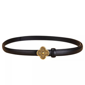 Black leather belt with antique gold clover buckle detail