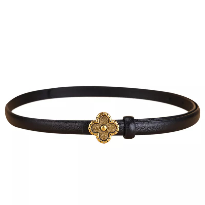 Black leather belt with antique gold clover buckle detail
