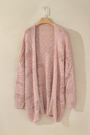 Dusty pink open-knit slouch cardigan with airy crochet details and ribbed cuffs.