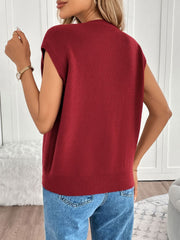Ribbed knit vest in burgundy with gold buttons, acrylic, sleeveless, crew neck.