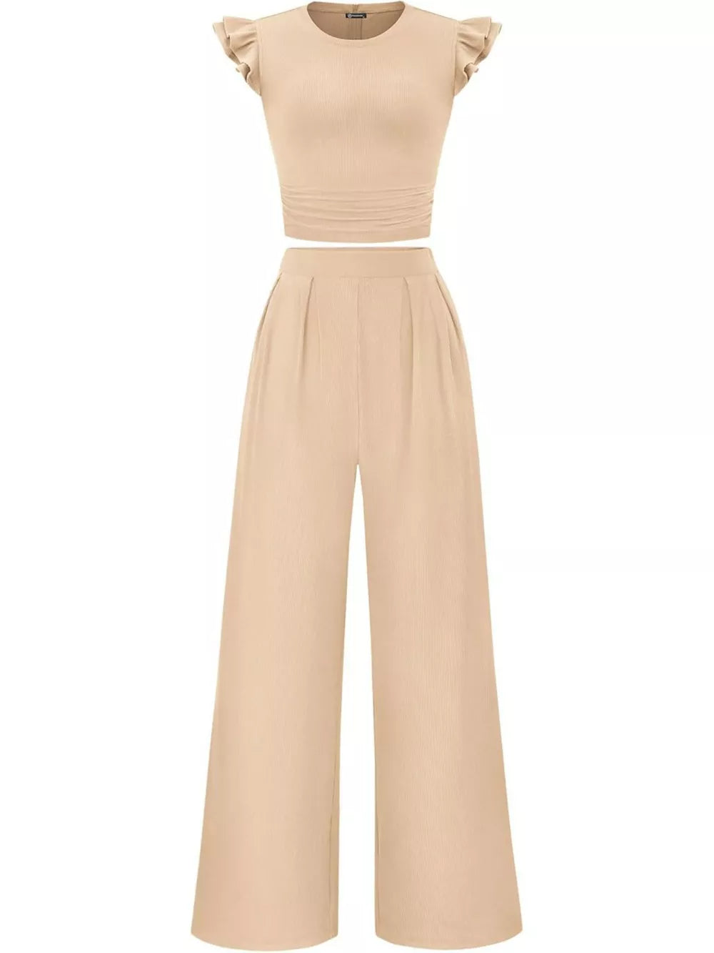 Apricot ruffled cap sleeve maternity top with ruched waist and wide leg pants.