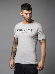 Gray t-shirt with black Embrace Couture logo, crew neck, short sleeves.