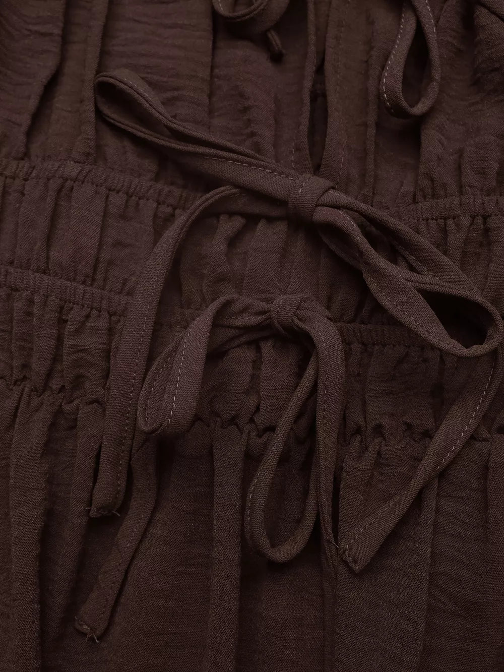 Charming Tie-front Midi Dress in coffee brown with ruched waist and tie details.