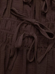 Charming Tie-front Midi Dress in coffee brown with ruched waist and tie details.