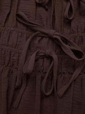 Charming Tie-front Midi Dress in coffee brown with ruched waist and tie details.