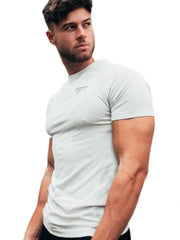 Light grey performance fit raglan sleeve tee with subtle logo detail.