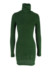 Green ribbed turtleneck bodycon mini dress with long sleeves
