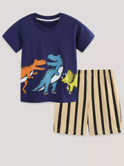 Baby boys' navy cotton tee with dinosaur print and beige striped shorts.