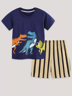 Baby boys' navy cotton tee with dinosaur print and beige striped shorts.