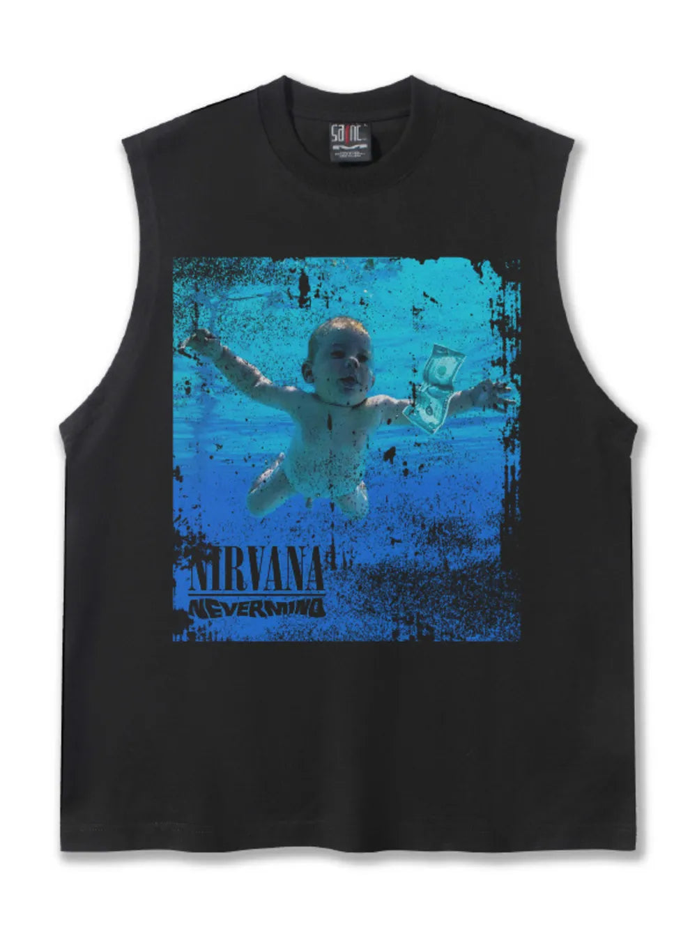 Black cotton blend Nirvana graphic men's tank top with Nevermind album art.