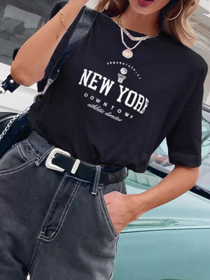 Black graphic round neck t-shirt with New York Downtown print