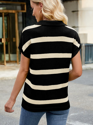 Black and beige striped knit polo with cap sleeves.