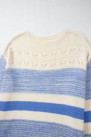 Light blue striped knit sweater with eyelet yoke detail