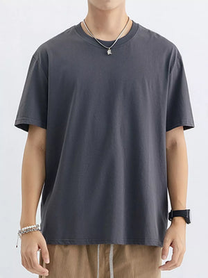 Men's dark gray cotton crew neck t-shirt with short sleeves.