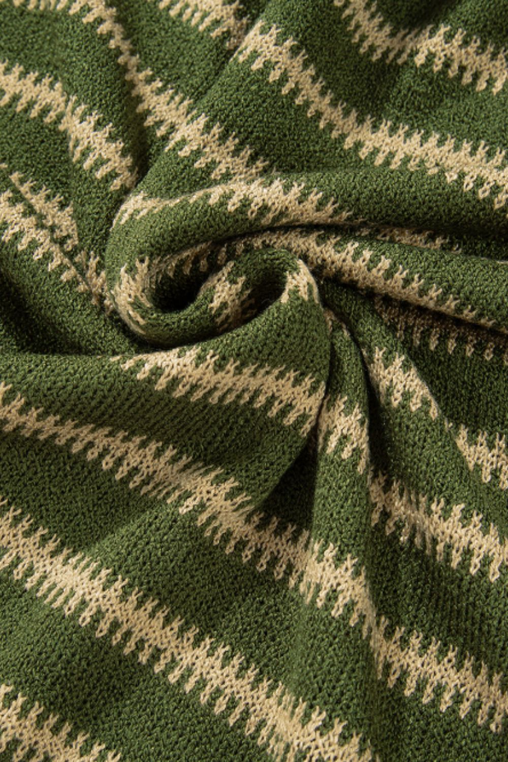 Moss green knit sweater with textured zigzag stripes in a relaxed fit.