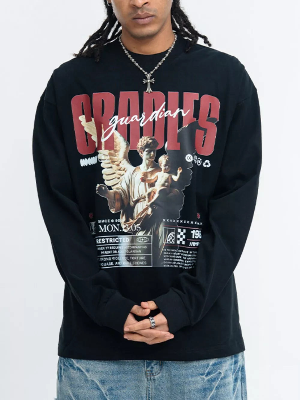 Men's Guardian Angel Graphic Long Sleeve T-shirt, close-up detail
