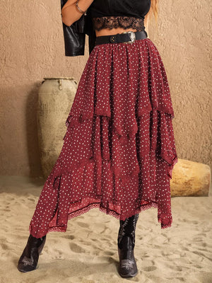 Burgundy tiered midi skirt with white polka dots and lace trim.