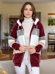 Teddy fleece zip-up hoodie jacket in burgundy with colorblock design and white drawstring hood.