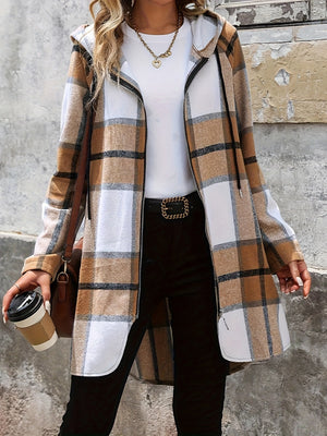 Longline hooded zip-through jacket in camel plaid with white accents, open front, and drawstring hood.
