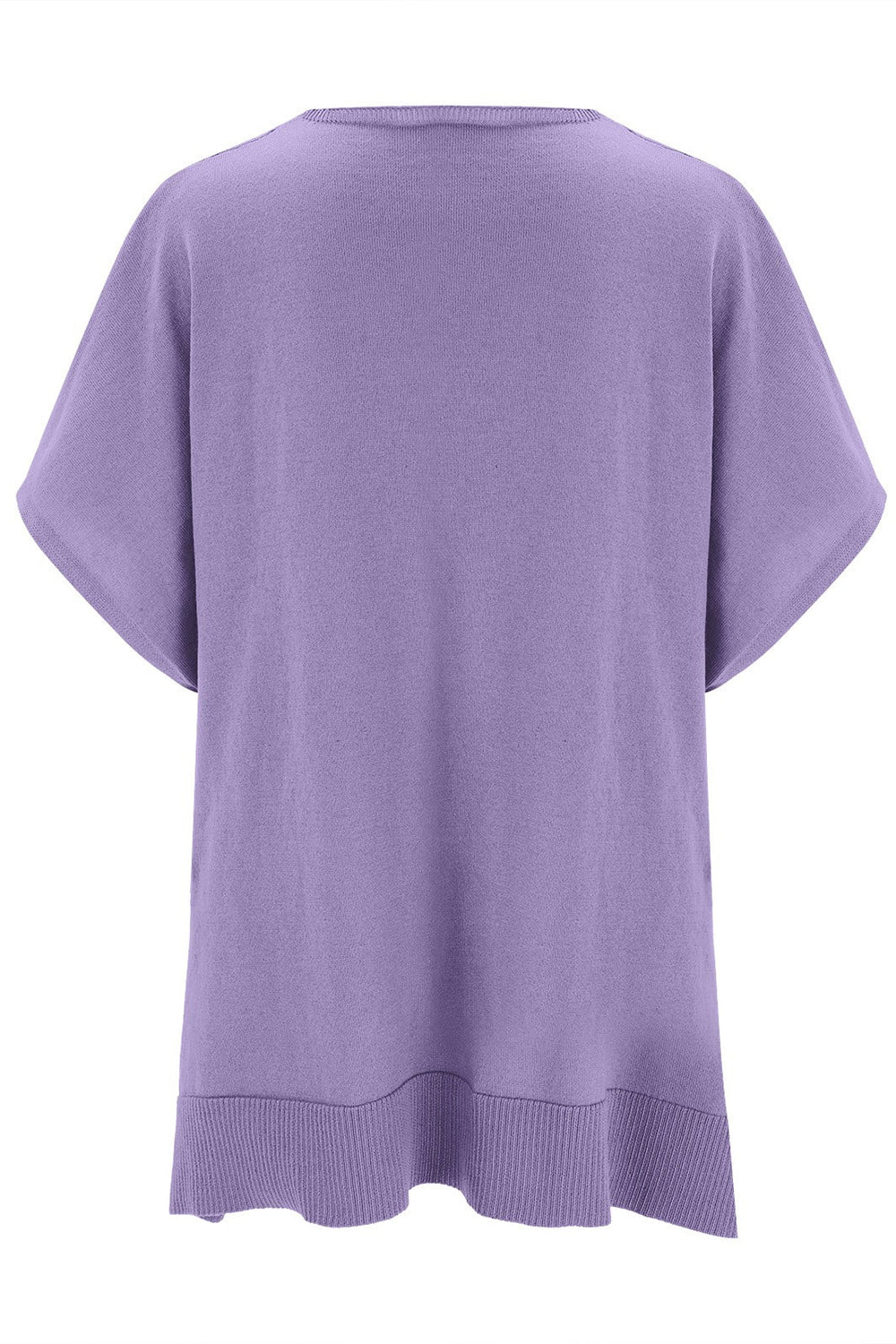 Relaxed V-neck knit poncho top in Lavender with short sleeves and ribbed hem.