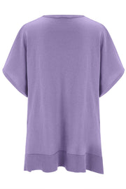 Relaxed V-neck knit poncho top in Lavender with short sleeves and ribbed hem.