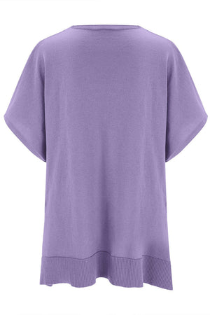 Relaxed V-neck knit poncho top in Lavender with short sleeves and ribbed hem.