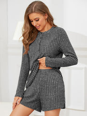 Dark Gray ribbed Henley lounge set with button detail and matching shorts.