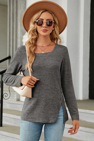 Dark Gray asymmetric long sleeve top with square neck and button detail on side slit