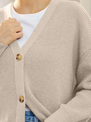 Dust Storm ribbed knit cardigan with balloon sleeves and button front.