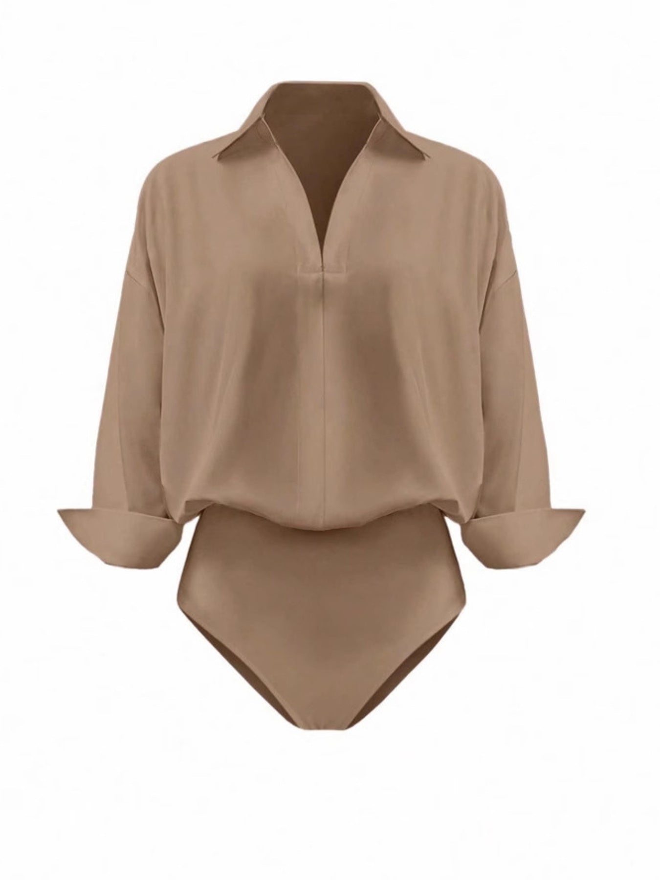 Khaki long sleeve collared bodysuit with cuffed sleeves