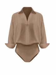 Khaki long sleeve collared bodysuit with cuffed sleeves