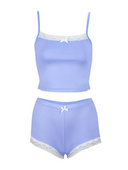 Blue purple cami and shorts set with lace trim and bow detail
