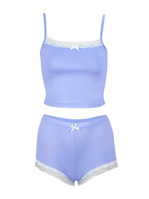 Blue purple cami and shorts set with lace trim and bow detail