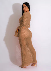 Khaki mesh cutout maxi gown with long sleeves and bodycon fit.
