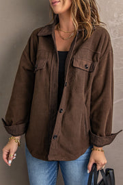 Fleece shirt jacket in Chestnut with patch pockets and button front.