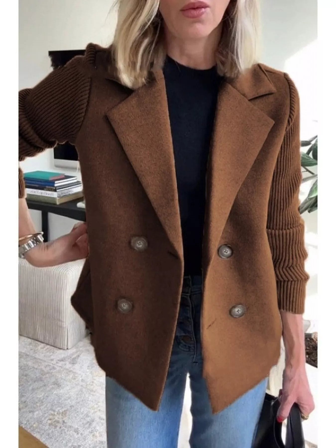 Brown double-breasted wool blend blazer with knit sleeves and button detail