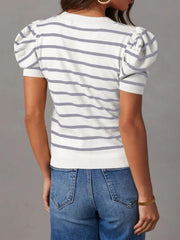 Striped knit tee with puff sleeves in white and dusty blue, crewneck, short sleeves.