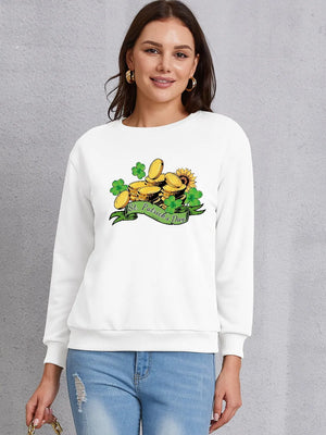 White St. Patrick's Day graphic sweatshirt with shamrocks, gold coins, and a banner.