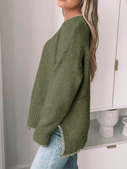 Moss crew neck sweater with contrast stitching detail at hem and cuffs