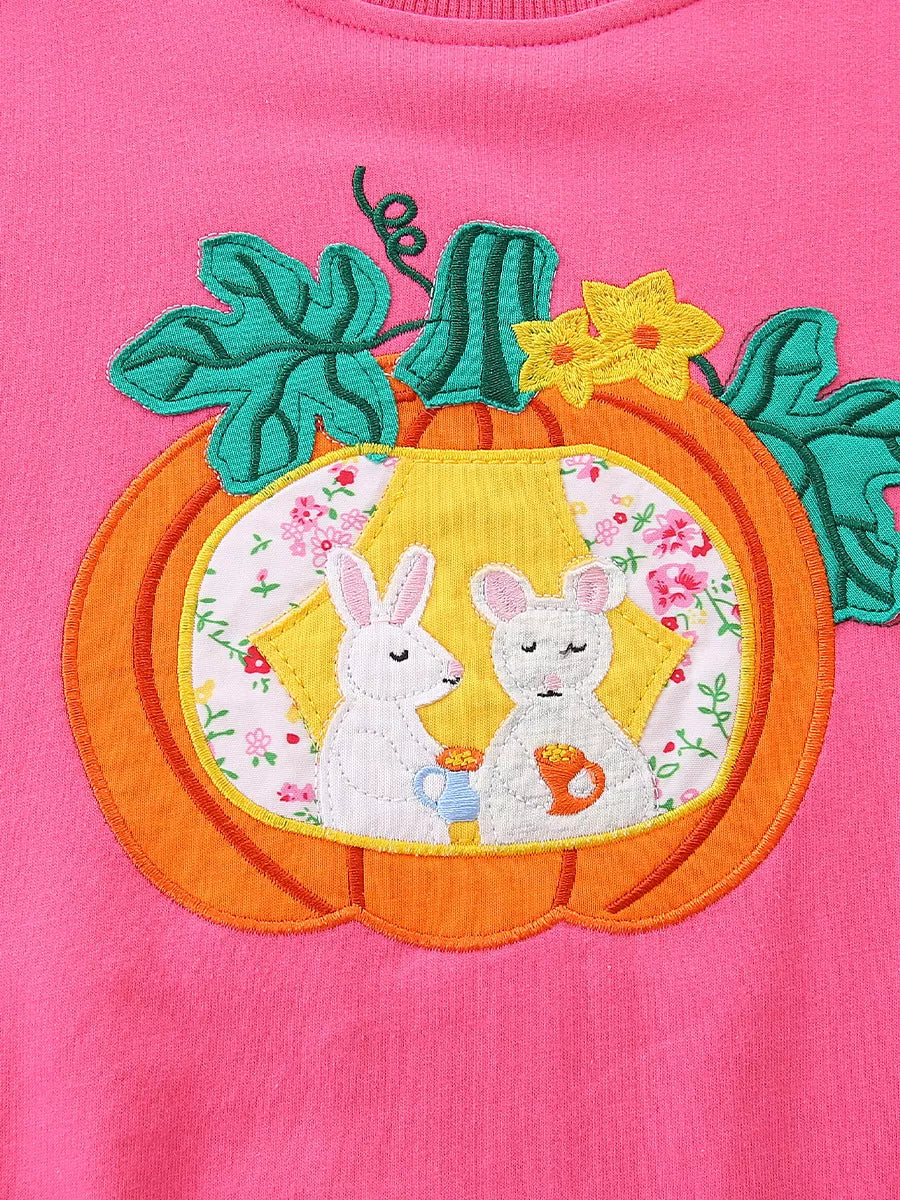 Pink cotton crew neck sweatshirt with pumpkin applique featuring two bunnies drinking tea.
