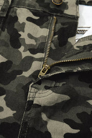 Camo print cotton jeans with a zip fly and brass button detail.